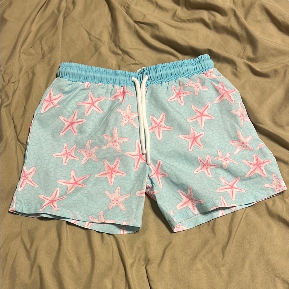 Boys 2T Starfish Print Swim Shorts - Blue and Pink